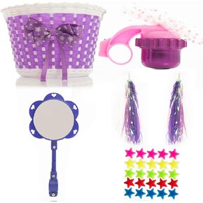 Girl’s Bicycle Decorations Set - Fun Bicycle Decor w/Beads, Rear View Mirror, Mounted Water Bottle, Handlebar Streamers & Basket - Complete Bike Decoration for Kids