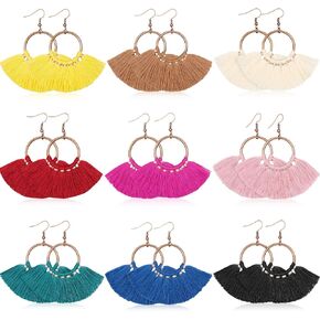 9 Pairs Statement Tassel Earrings Hoop Tassel Earrings Bohemian Handmade Dangle Ear Drops for Women Girls Party Favor (Style 1)