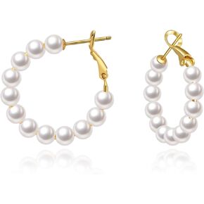 5MM Thick Pearl Hoop Earrings for Women, Lightweight Pearl Earrings with 925 Sterling Silver Post, Hypoallergenic Pearl Hoop Earrings 20/30/55MM