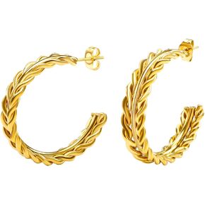 18K Gold Plated Braided Twisted Earrings for Women, Chunky Hoop Trendy Stud Earrings for Women Party Daily Vintage Casual Cute Stylish Lightweight