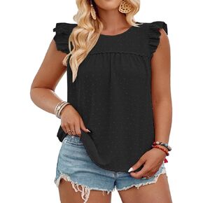 VISLILY Womens-Plus-Size-Summer-Tank-Tops Ruffle Cap Sleeveless T Shirts Crewneck Swiss Dot Blouses Pleated Casual Tee