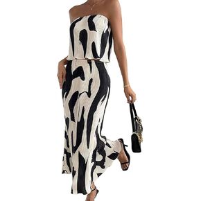 OYOANGLE Women's 2 Piece Outfits Graphic Print Lettuce Trim Sleeveless Strapless Tube Top and Skirt Sets