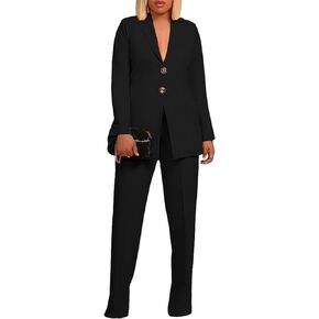 Women's Casual Pants Suit 2 Piece Button Down Blazer Tops + Straight Leg Trousers