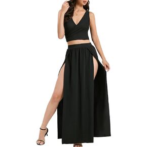Women's Two Piece Skirt Set 2024 Summer Crop Top Double High Slit Sexy Plus Size Flowy Maxi Skirts Outfits