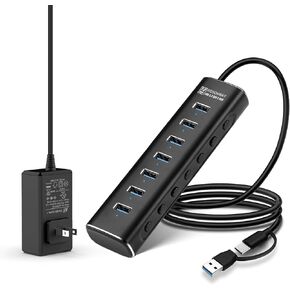 Powered USB Hub, Rosonway 7 Ports USB 3.1/3.2 Gen 2 Hub 10Gbps with 3.3ft USB-A/USB-C Data Cable, Individual Switches and 24W Power Adapter, Aluminum USB C Hub for Laptop and PC, RSH-A107