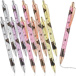 10 Pcs Sparkly Pretty Cute Cat Kawaii Pens - Fancy Gel Metal Retractable Black Ink Ballpoints for Women, Girls, Teachers & Office Supplies Gifts