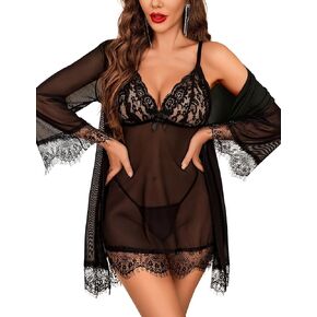 Avidlove 4 Piece Sexy Lingerie Sets for Women Mesh Kimono Robe with Lace Babydoll Dress