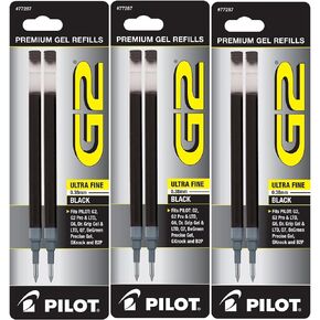 Pilot G2 Gel Ink Pen Refills, Ultra Fine Point, 0.38mm, Black Ink, 6 Refills