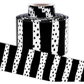 Whaline 32.8ft Bulletin Board Borders Black White Dot Stripe Die-Cut Rolled Border Trim for School Classroom Office Chalkboard Decoration