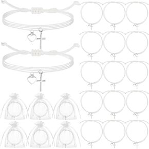30 Sets Baptism Party Favors Cross Heart Bracelet Bulk with Organza Bag Christian Adjustable Religious Braided Rope for Church Event First Communion Mothers Day Wedding Baby Shower