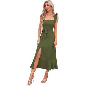Women's Square Neck Spaghetti Straps Ruffle Split Midi Formal Dress Elegant Wedding Guest Cocktail Party Bridesmaid Dress