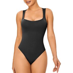 Womens Sexy Square Neck Shapewear Bodysuits Sleeveless Tapered Shoulder Straps Tank Tops Thong Jumpsuits