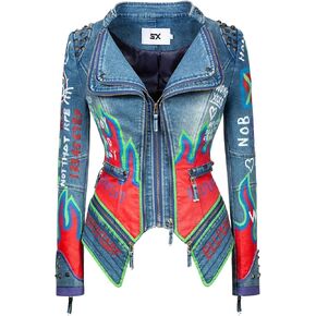 FUYUAN Women's fashion studs perfectly shaped artificial leather jacket graffiti punk motorcycle jacket in Saudi Arabia
