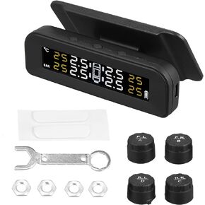 X AUTOHAUX Tire Pressure Monitoring System TPMS Wireless Solar Charger Monitor on Windowshield 5 Alarm Modes with 4 External Sensors LCD Display Angle Adjustable Monitor for Car RV SUV
