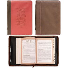 Christian Art Gifts Women's Fashion Bible Cover I Know The Plans Jeremiah 29:11, Pink/Brown Faux Leather, Large