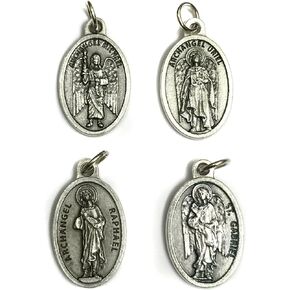 Set of 4 Archangel Michael Gabriel Raphael Uriel Protection Medal Pendant Charm Pray for US Prayer Made in Italy Silver Tone 3/4 Inch