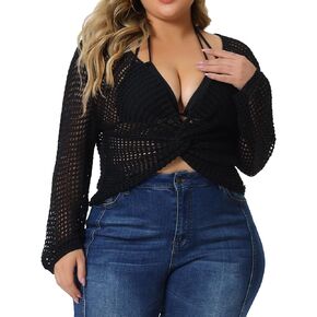 Agnes Orinda Plus Size Mesh Crochet Crop Top for Women Hollow Out Knit Sweater Beach See Through Cover Ups 2024
