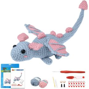 Terself Crochet Kit for Beginners, Learn to Crochet Animals - Step-by-Step Video Tutorials, Easy Crochet Starter Kit Gift for Kids and Adults, Lovely Gray Dragon (40%+ Yarn Content)