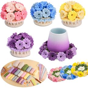 soeNoTK Crochet Kit for Beginners,4PCS Dual-Purpose Crochet Flower Kits as Coasters or Flower Bouquets for Desktop Decotion, Complete Beginner Crochet Kit with Crochet Book and Step-by-Step Video in Saudi Arabia