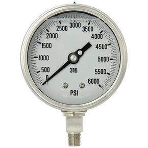 PIC Gauge 4001-4LU-GF 4" Dial, 0/10000 psi Range, 1/4" Male NPT Connection Size, Bottom Mount Glycerine Filled Process Pressure Gauge with a Stainless Steel Case and Internals, Removable Stainless Steel Bezel, and Laminated Safety Glass Lens