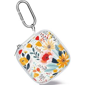 Square Earbud Case, Headphone Organizer Wired Ear Bud Case Portable EVA Carrying Case Storage Bag with Carabiner for Airpods Pro Beats Bose Galaxy Buds Data Cable Storage (Blooming Floral)