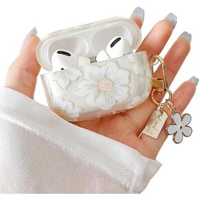 MINSCOSE Compatible with AirPods Pro 2 Clear Case,Cute Cartoon Flower Pattern Design with Floral Keychain,Soft TPU Protective Shockproof Case for Airpods Pro 2nd Generation for Girls Women-White