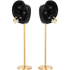 Ear Shaped Piercing Stud Holder Earring Display Stand, Copper Round Base Silicone Body Mannequin Model Organizer, Navel Rack for Girl Women Shows Jewelry Birthday Wedding Decor (Left&Right, Black)
