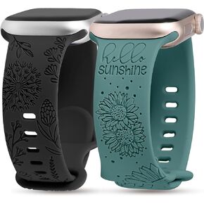 Minyee 2 Packs Floral Engraved Band Compatible with Apple Watch Bands 41mm 40mm 38mm 44mm 45mm 42mm 49mm Women, Cute Silicone Sunflower Fancy Summer Strap for iWatch Ultra 2, Series 9/8/7/6/5/4/3/2/1/SE
