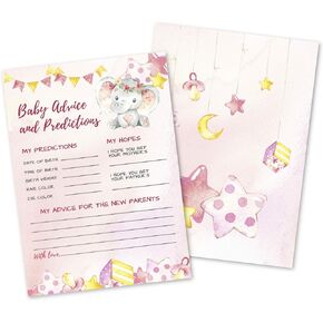 50 Deluxe Pink Elephant Advice and Predictions Cards- Large Double Sided 5 x 7 Inch for Baby Girl Shower Game, New Parent Message Book, Mom & Dad to Be, Decorations
