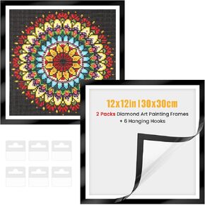 MXJSUA 2 Pack Diamond Art Painting Frames for 30x30 cm/12x12 inch Painting, Self-Adhesive Magnetic Diamond Art Painting Frames with Hooks for Diamond Art Painting Picture Wall Display, Black