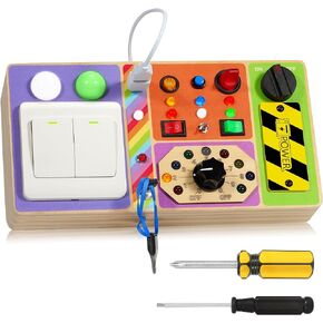 Busy Board Montessori Toys for 1-3 Years Old, Wooden Sensory Board Switch Toy with 19 LED Light, Switch Toys, Button Toy, Travel Activity Educational Learning Toddler Toys for 1+ Year Old Boy and Girl