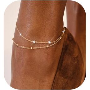 Gold Ankle Bracelets for Women,14K Gold Plated Anklets for Women Waterproof Herringbone Beaded Satellite Anklets Set Layered Anklet Bracelets for Girls Gold Jewelry Gift