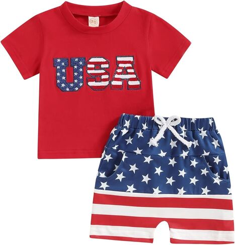 Kuriozud Toddler Boy 4th Of July Outfit Baby Boy American Flag Print T Shirts Tops Shorts Set Fourth of July Summer Clothes in Saudi Arabia