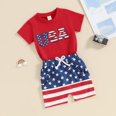 Kuriozud Toddler Boy 4th Of July Outfit Baby Boy American Flag Print T Shirts Tops Shorts Set Fourth of July Summer Clothes in Saudi Arabia