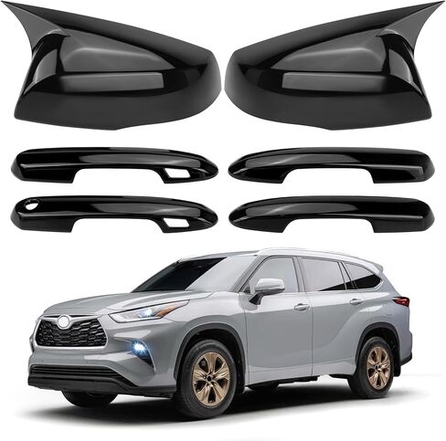 غطاء أغطية مرآة جانبية + غطاء مقبض الباب متوافق مع تويوتا هايلاندر 2020-2023 تويوتا RAV4 2019-2023، مع فتحات مفاتيح ذكية (أسود لامع) in Kuwait