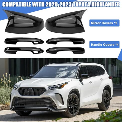 غطاء أغطية مرآة جانبية + غطاء مقبض الباب متوافق مع تويوتا هايلاندر 2020-2023 تويوتا RAV4 2019-2023، مع فتحات مفاتيح ذكية (أسود لامع) in Kuwait