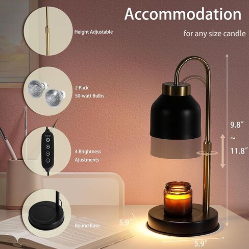 Candle Warmer Lamp with Timer,Dimmable Candle Wax Warmer for Bedroom,Home Decor Gifts,Compatible with Various Jar,Height Adjustable Electric Candle Light with 2 Bulbs,Blcak in Saudi Arabia