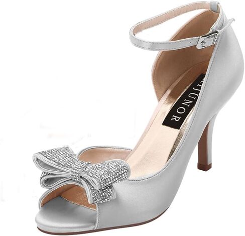 ERIJUNOR Women Comfortable Middle Heel Peep Toe Bows Rhinestones Satin Wedding Evening Party Shoes in Saudi Arabia