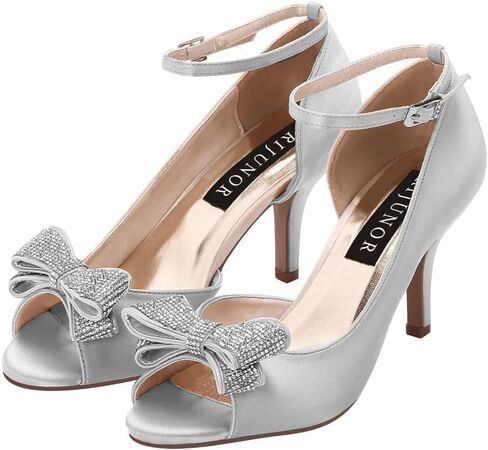 ERIJUNOR Women Comfortable Middle Heel Peep Toe Bows Rhinestones Satin Wedding Evening Party Shoes in Saudi Arabia
