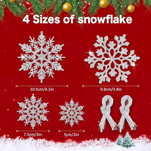46Pcs Plastic Snowflake Ornament Christmas Glitter Snowflake Hanging Christmas Tree Decorations with Silver Rope for Winter Decorations Tree Window Door Accessories (White) in Saudi Arabia