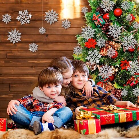 46Pcs Plastic Snowflake Ornament Christmas Glitter Snowflake Hanging Christmas Tree Decorations with Silver Rope for Winter Decorations Tree Window Door Accessories (White) in Saudi Arabia
