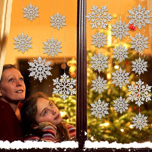 46Pcs Plastic Snowflake Ornament Christmas Glitter Snowflake Hanging Christmas Tree Decorations with Silver Rope for Winter Decorations Tree Window Door Accessories (White) in Saudi Arabia