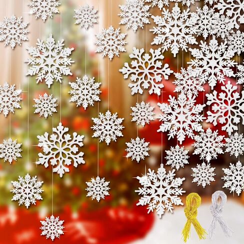 46Pcs Plastic Snowflake Ornament Christmas Glitter Snowflake Hanging Christmas Tree Decorations with Silver Rope for Winter Decorations Tree Window Door Accessories (White) in Saudi Arabia