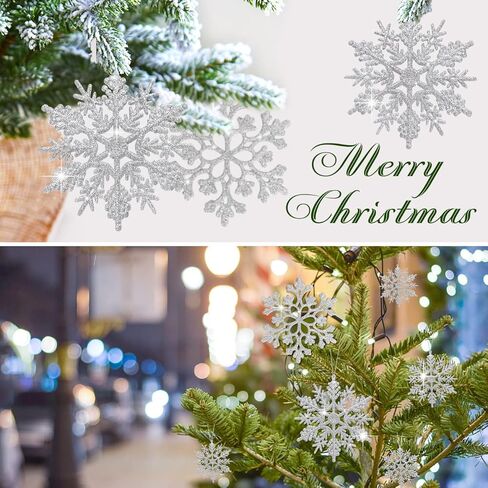 46Pcs Plastic Snowflake Ornament Christmas Glitter Snowflake Hanging Christmas Tree Decorations with Silver Rope for Winter Decorations Tree Window Door Accessories (White) in Saudi Arabia