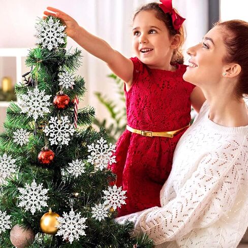 46Pcs Plastic Snowflake Ornament Christmas Glitter Snowflake Hanging Christmas Tree Decorations with Silver Rope for Winter Decorations Tree Window Door Accessories (White) in Saudi Arabia