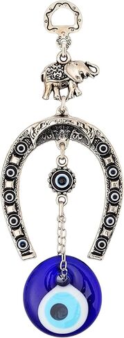 Turkish Silver Horse Shoe Blue Evil Eye Wall Hanging Ornament with Elephant - Turkish Nazar Bead Amulet – Home Protection and Good Luck Charm Gift in a Box in Saudi Arabia