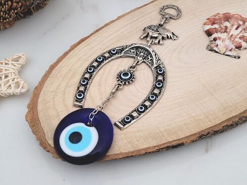 Turkish Silver Horse Shoe Blue Evil Eye Wall Hanging Ornament with Elephant - Turkish Nazar Bead Amulet – Home Protection and Good Luck Charm Gift in a Box in Saudi Arabia