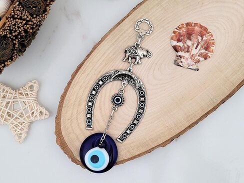 Turkish Silver Horse Shoe Blue Evil Eye Wall Hanging Ornament with Elephant - Turkish Nazar Bead Amulet – Home Protection and Good Luck Charm Gift in a Box in Saudi Arabia