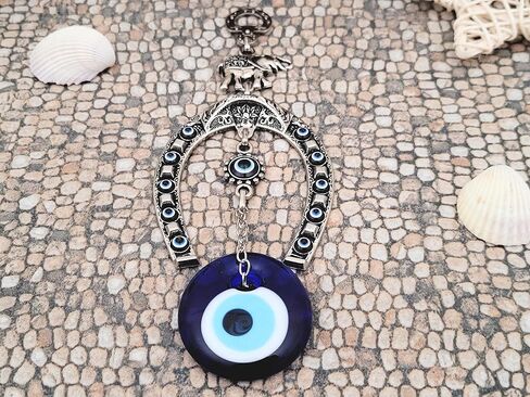 Turkish Silver Horse Shoe Blue Evil Eye Wall Hanging Ornament with Elephant - Turkish Nazar Bead Amulet – Home Protection and Good Luck Charm Gift in a Box in Saudi Arabia