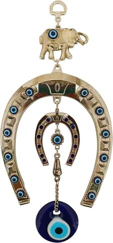 Turkish Silver Horse Shoe Blue Evil Eye Wall Hanging Ornament with Elephant - Turkish Nazar Bead Amulet – Home Protection and Good Luck Charm Gift in a Box in Saudi Arabia